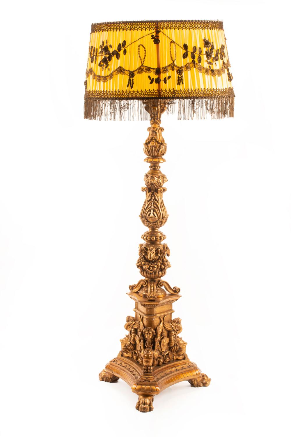 Appraisal: Monumental Italian Carved Giltwood Floor Lamp tripartite base carved with