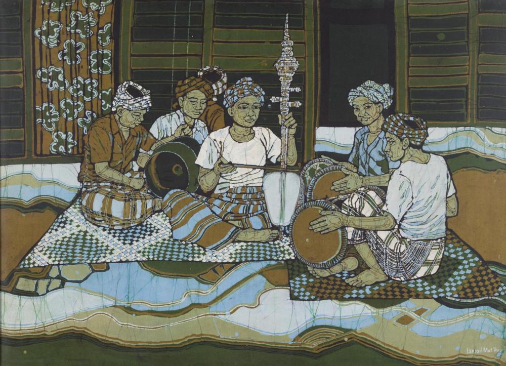 Appraisal: ISMAIL MAT HUSSIN Malaysia - batik cloth figures playing musical