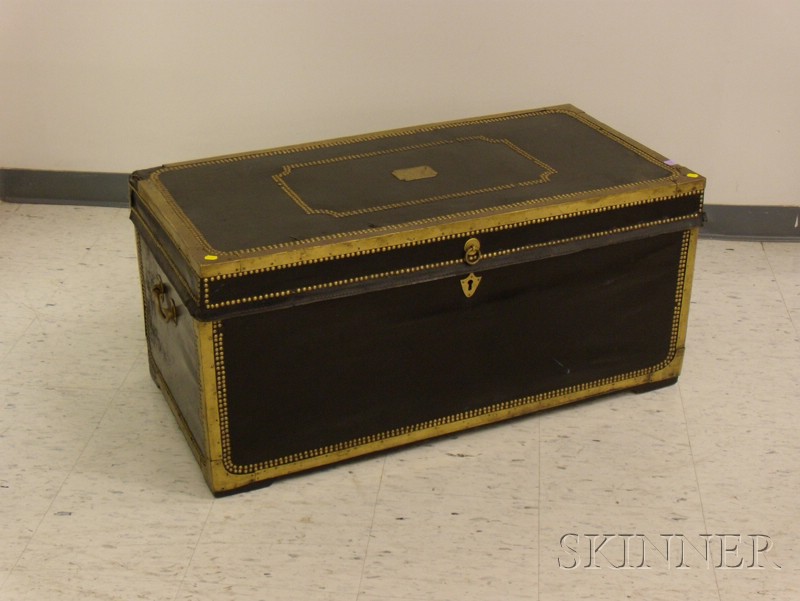 Appraisal: Chinese Export Brass-mounted Black Leather-clad Camphorwood Storage Trunk ht lg