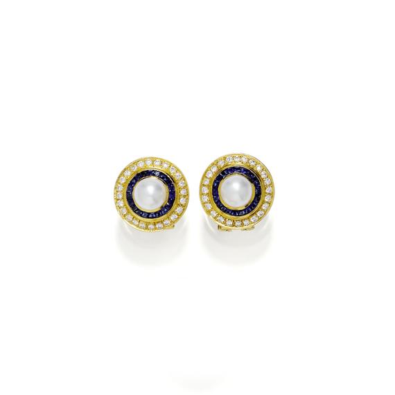 Appraisal: PEARL SAPPHIRE AND DIAMOND EAR CLIPS Yellow gold Decorative round