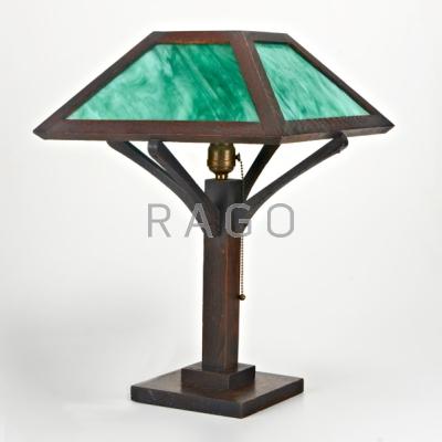 Appraisal: ARTS CRAFTS Table lamp early th c Slag glass and