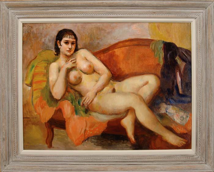 Appraisal: BERNARD KARFIOL American - NUDE ON RED COUCH Outstanding oil