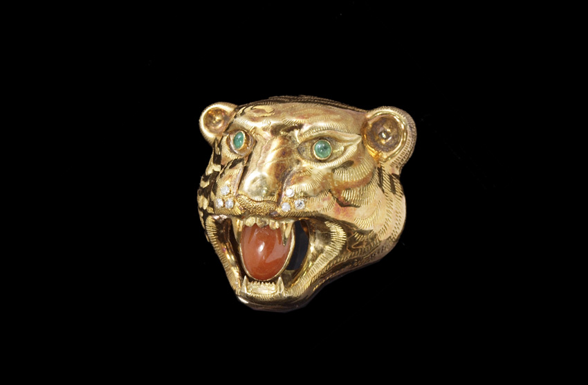 Appraisal: K TIGER BROOCH WITH JADE TONGUE EMERALD EYES AND DIAMONDS