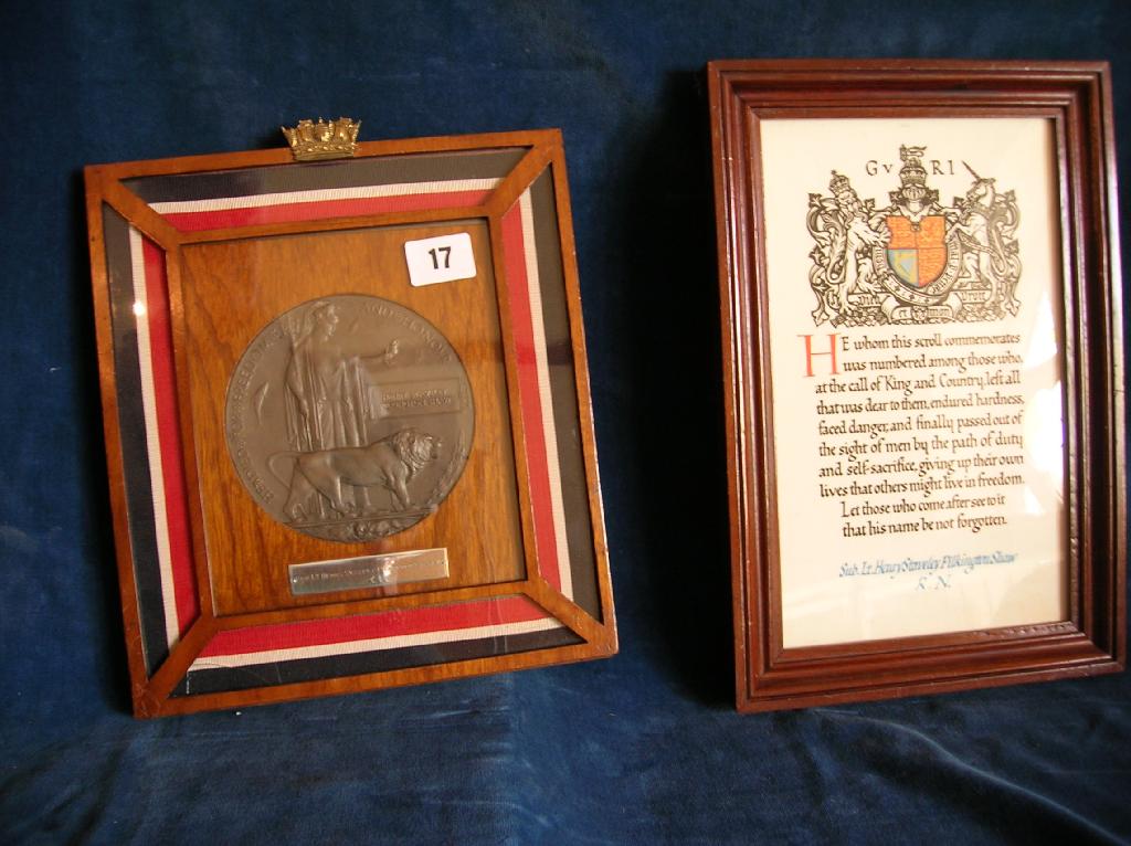 Appraisal: A WWI British bronze death plaque to Sub Lieutenant Henry