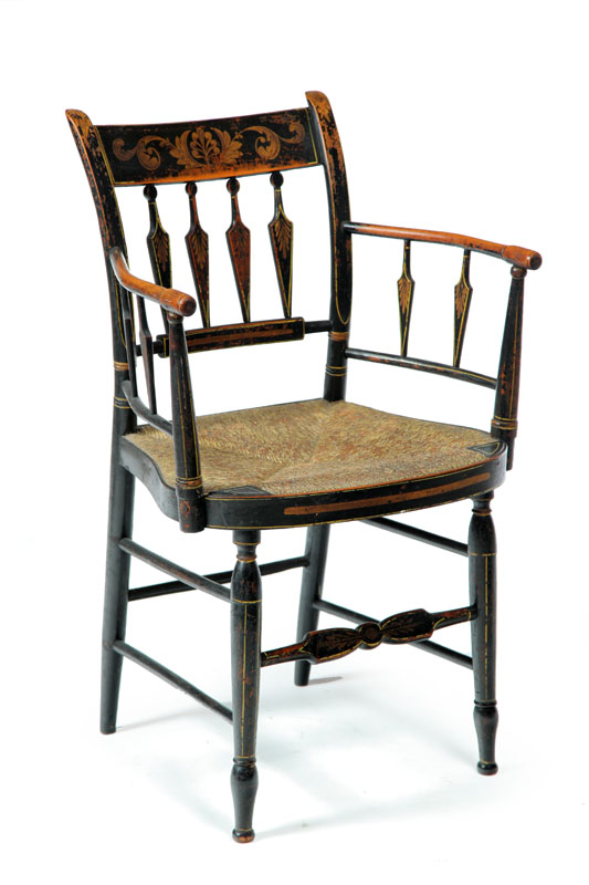 Appraisal: FEDERAL DECORATED ARMCHAIR American - mixed woods Rush seat armchair