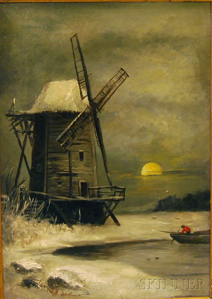 Appraisal: American School th th Century Winter Landscape with Windmill Unsigned