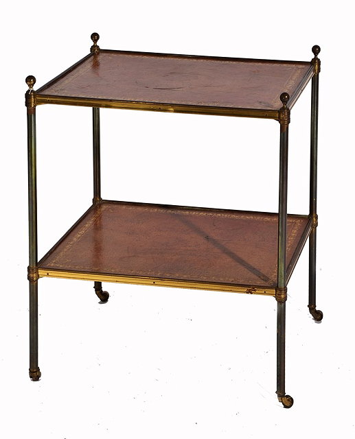 Appraisal: A BRASS AND LEATHER TWO TIER OCCASIONAL TABLE WHATNOT with