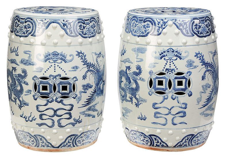 Appraisal: Pair Blue and White Porcelain Garden Seats Chinese late th