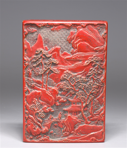 Appraisal: Unique finely detailed covered vessel of rectangular form in red