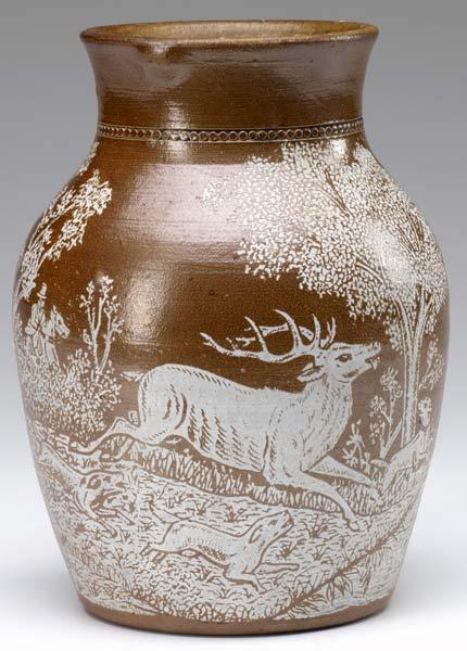 Appraisal: CHARLES GRAHAM Salt-glazed stoneware vase with acid-etched hunting scene A