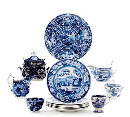 Appraisal: English blue-and-white scenic transferware table articles first half th century