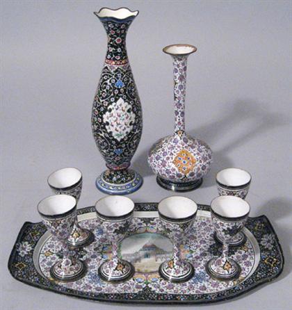 Appraisal: Persian painted enamel seven piece service and painted enameled vases