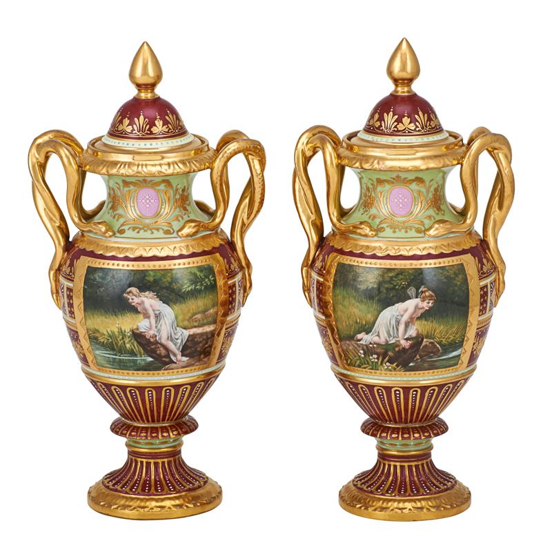 Appraisal: PAIR OF ROYAL VIENNA PORCELAIN URNS Condition Report