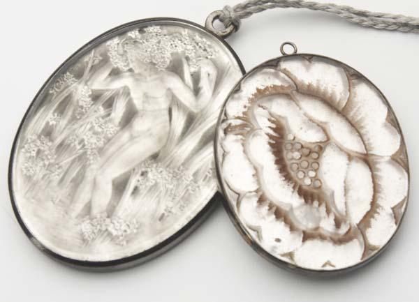 Appraisal: RENE LALIQUE Two mirrored pendants Fleurs with pinkish patina and