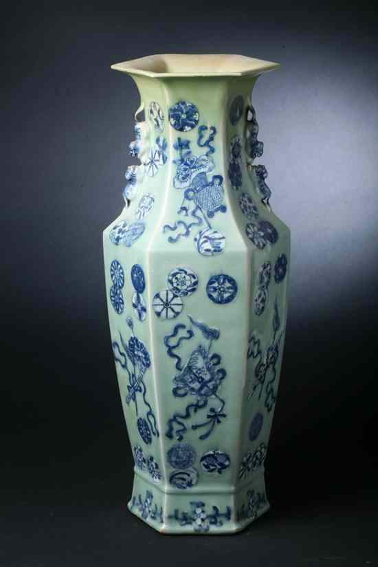 Appraisal: CHINESE BLUE AND CELADON PORCELAIN HEXAGONAL VASE th century -