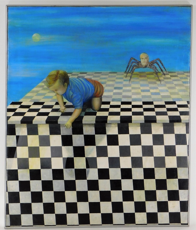 Appraisal: RAY RICHARDSON SURREALIST OP ART SPIDER PAINTING Ray RichardsonUnited Kingdom