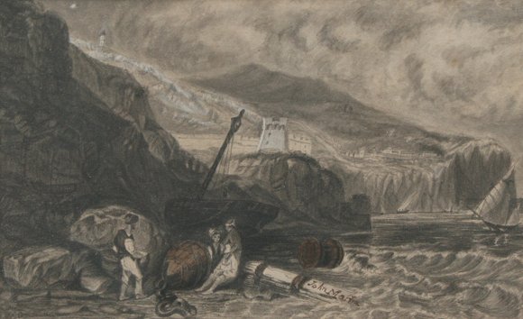 Appraisal: COASTAL SCENE WITH FIGURES SHIPS AND VILLAGE IN THE DISTANCE