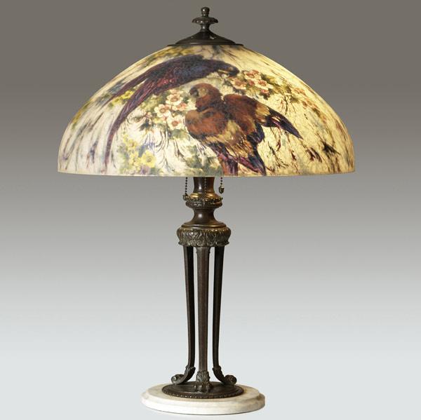 Appraisal: HANDEL Table lamp with a chipped glass shade reverse-painted by