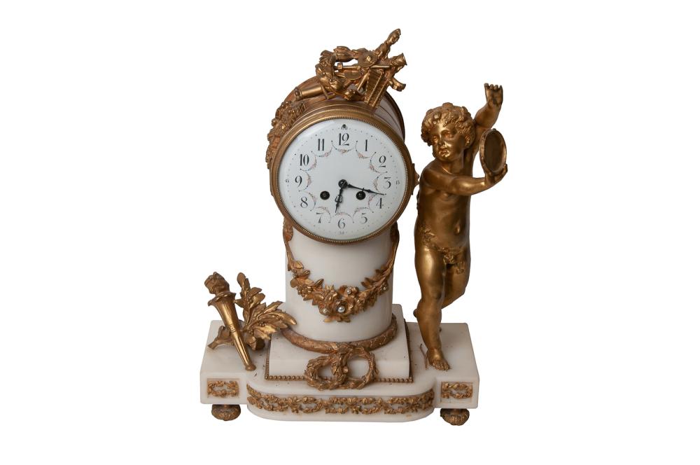 Appraisal: FRENCH GILT BRONZE CARVED MARBLE FIGURAL MANTLE CLOCK inches wide