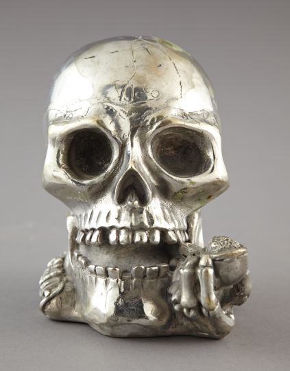 Appraisal: American Silvered Bronze Pipe-Smoking Human Skull signed Joe N to