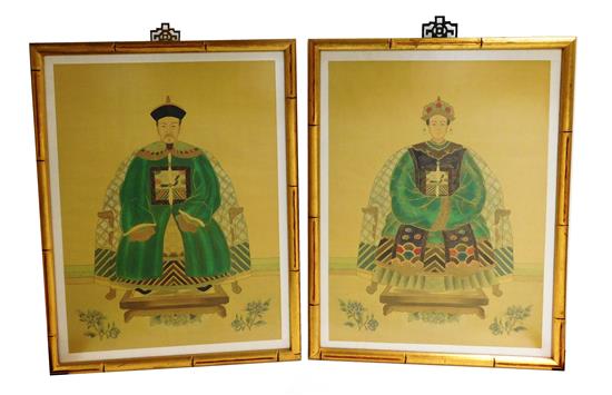 Appraisal: ASIAN Pair th C Chinese ancestor portraits watercolors on yellow