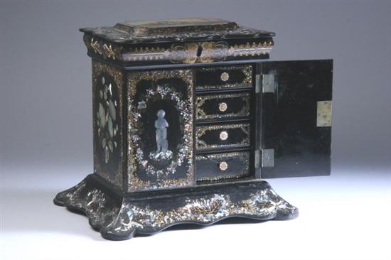 Appraisal: VICTORIAN PAPIER M CH AND MOTHER-OF-PEARL INLAID SEWING BOX th