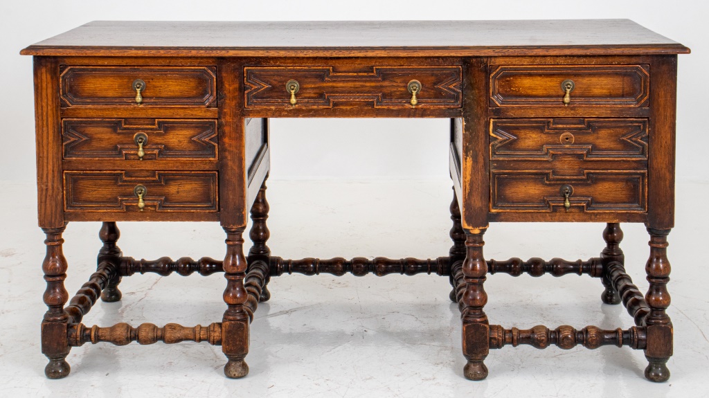 Appraisal: JACOBEAN STYLE OAK DESK Jacobean style oak desk rectangular with