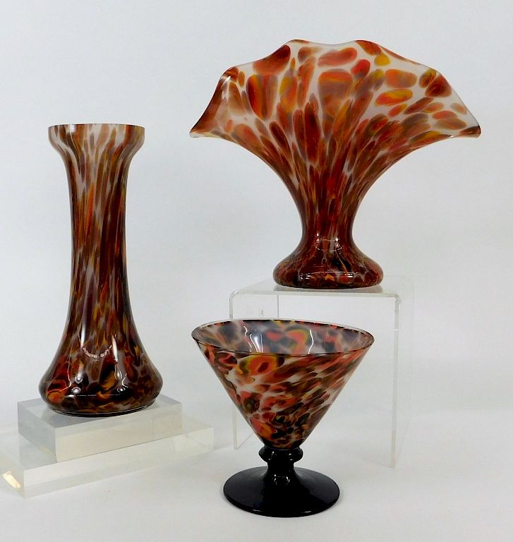 Appraisal: Kralik Welz Autumn Spatter Bohemian Glass Vases Bohemia th Century