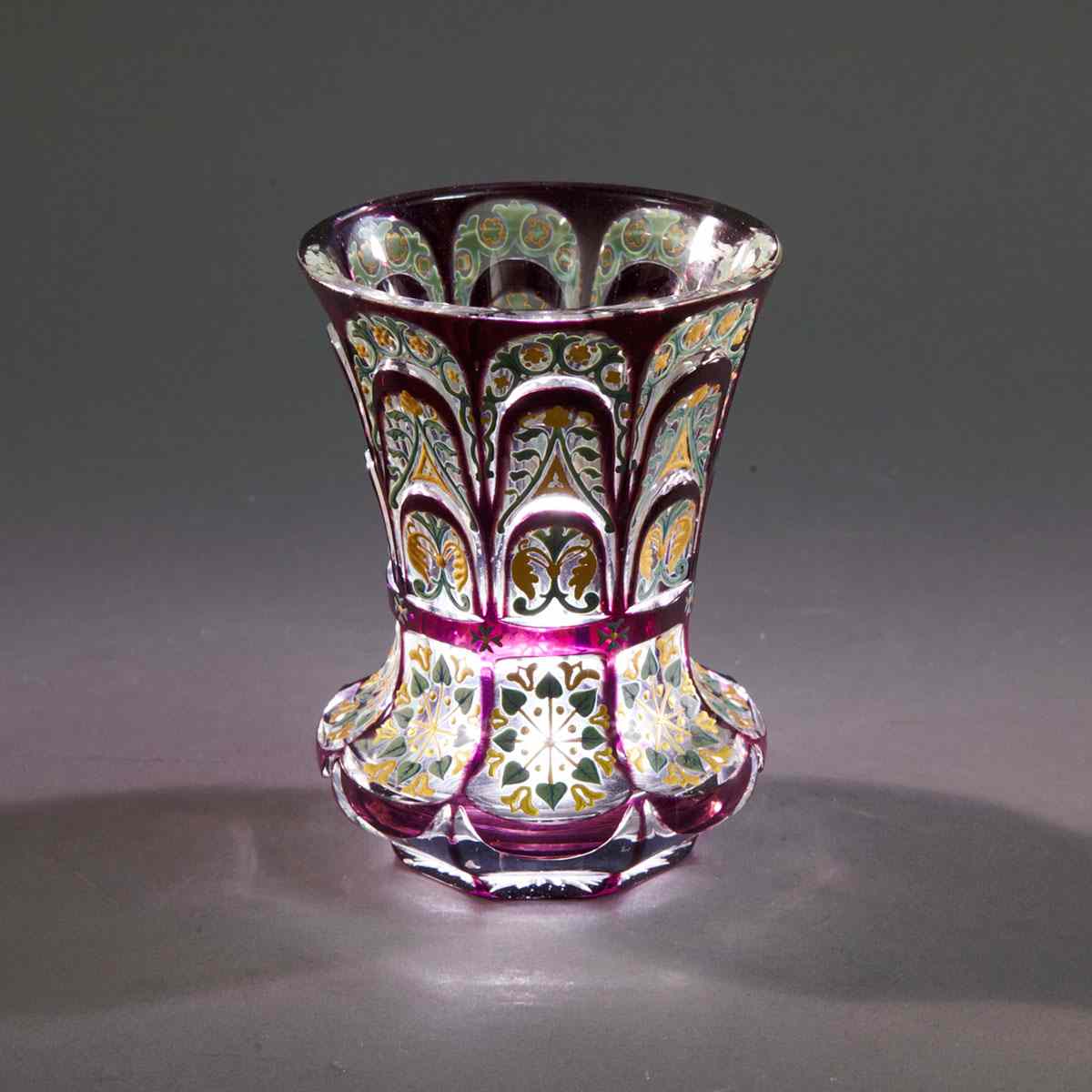 Appraisal: Bohemian Amethyst Overlaid Cut and Enameled Glass Beaker mid- th