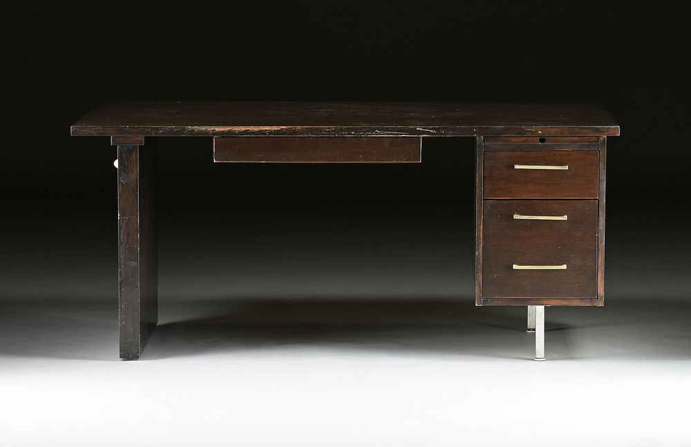 Appraisal: A MODERNIST BLACK STAINED WOOD AND STEEL OFFICE DESK LAST