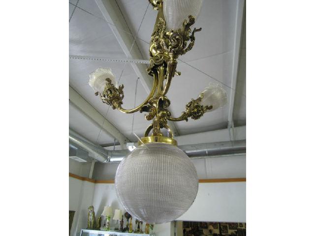 Appraisal: French Victorian Brass Chandelier rococo trim triple light with center