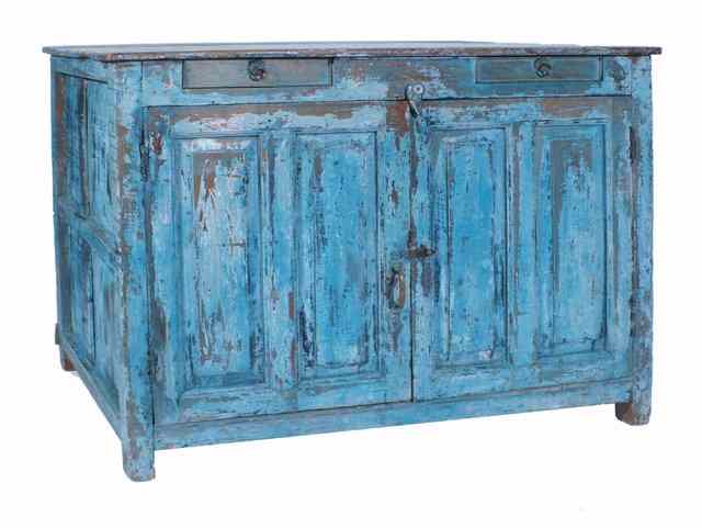 Appraisal: A BLUE PAINTED SIDE CUPBOARD with two small drawers over