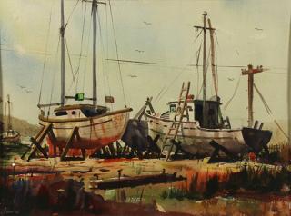 Appraisal: Watercolor Wilfrid Provan Wilfrid Provan American - Boatyard watercolor signed