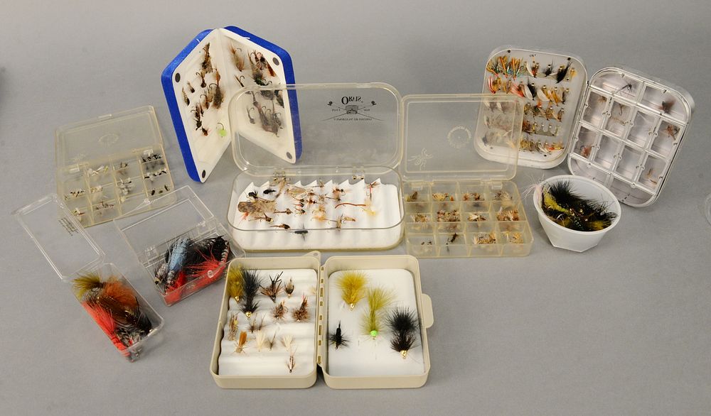 Appraisal: Tray lot of flies trout and salmon containers Estate of