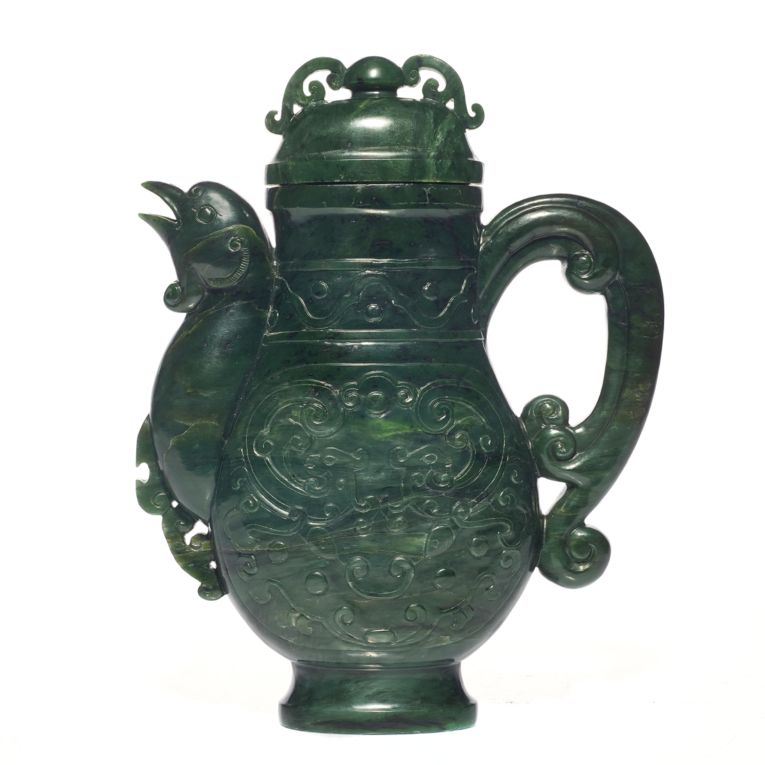 Appraisal: SPINACH JADE 'PHOENIX' EWER Spinach jade 'phoenix' ewer of flattened