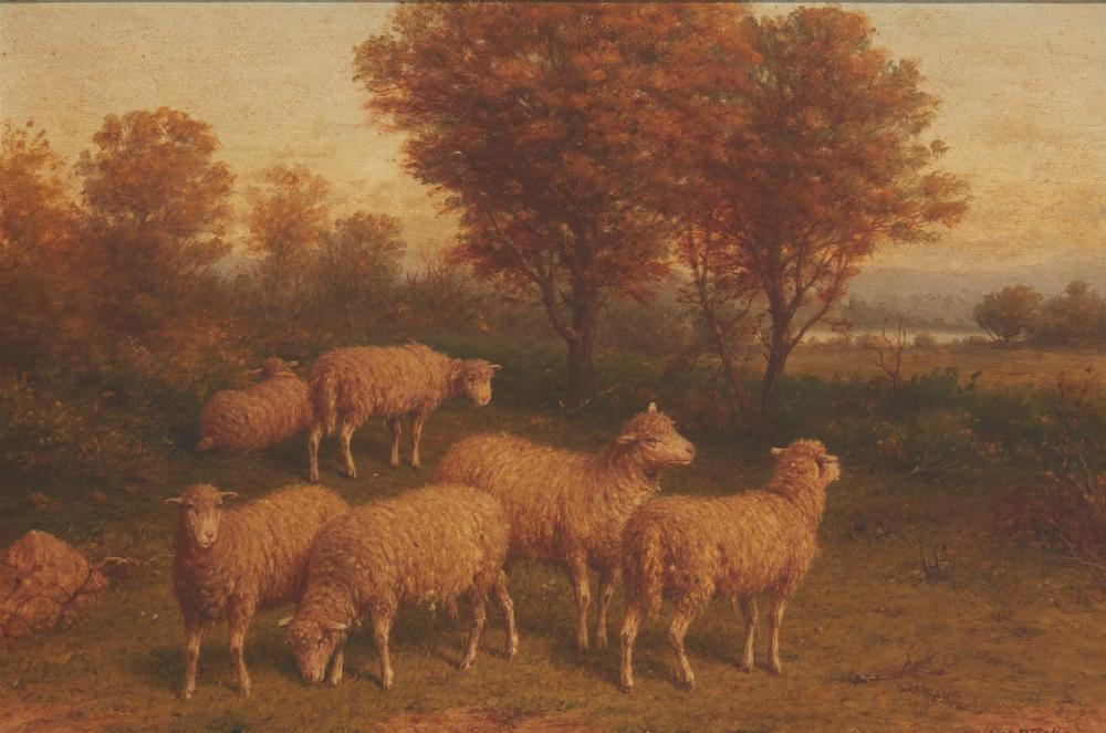 Appraisal: George Riecke - American Sheep grazing Oil on canvas Signed