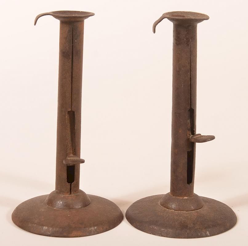 Appraisal: th Cent Sheet Iron Hog Scraper Candlesticks Pair of th