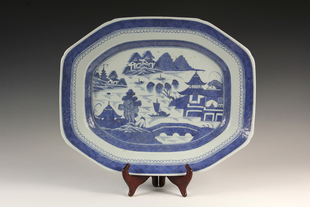 Appraisal: CHINESE EXPORT PORCELAIN PLATTER - Massive Cantonese Early 'Blue Willow'