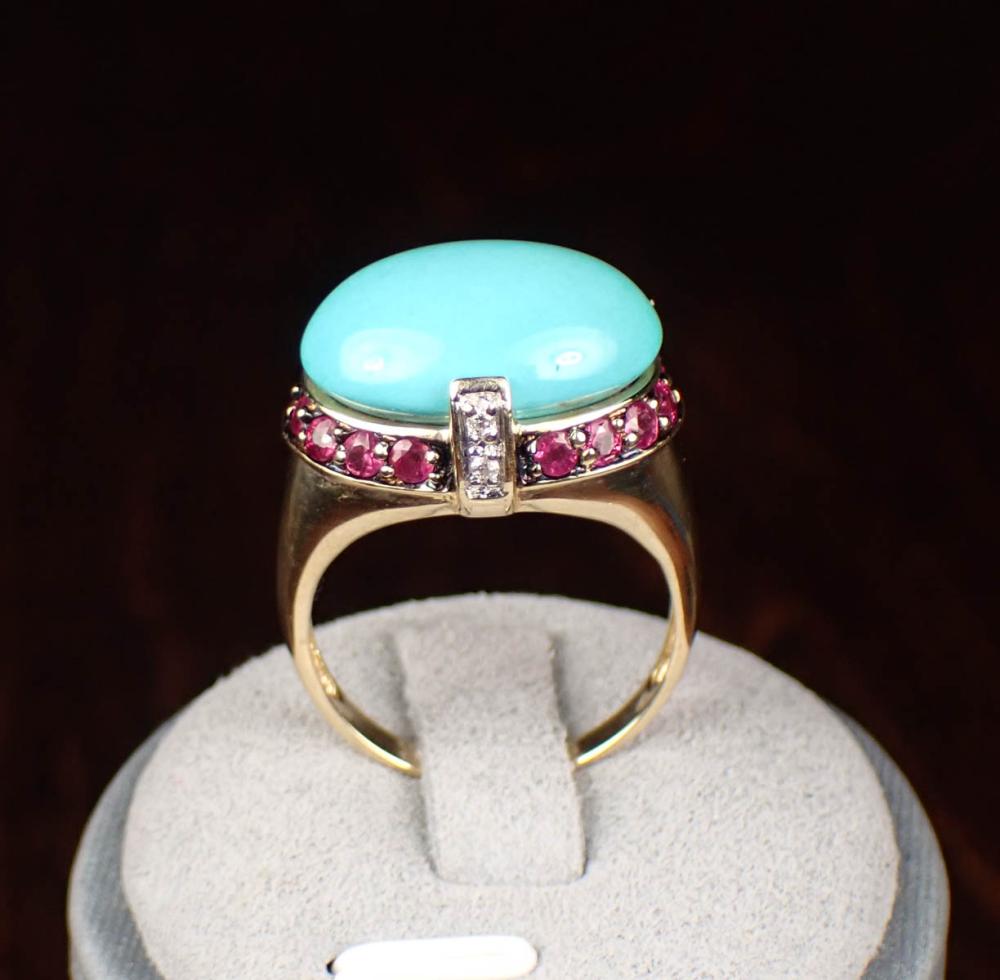 Appraisal: LEVIAN TURQUOISE RUBY AND DIAMOND RING The k yellow gold