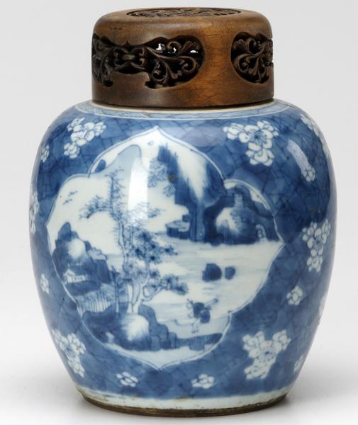 Appraisal: CHINESE PORCELAIN Covered jar with underglaze blue decoration of landscapes