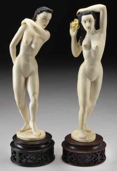 Appraisal: Pr Chinese carved polychrome ivory nude ladies International buyers should