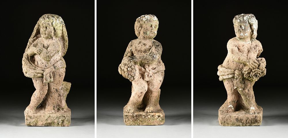 Appraisal: A GROUP OF THREE CONTINENTAL SEASONS GARDEN PUTTI STONE SCULPTURES