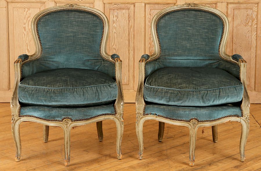 Appraisal: PAIR FRENCH LOUIS XV STYLE BERGERE CHAIRS C An unusual