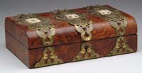 Appraisal: BRASS DECORATED BURL WOOD PLAYING CARD BOX The hinged top