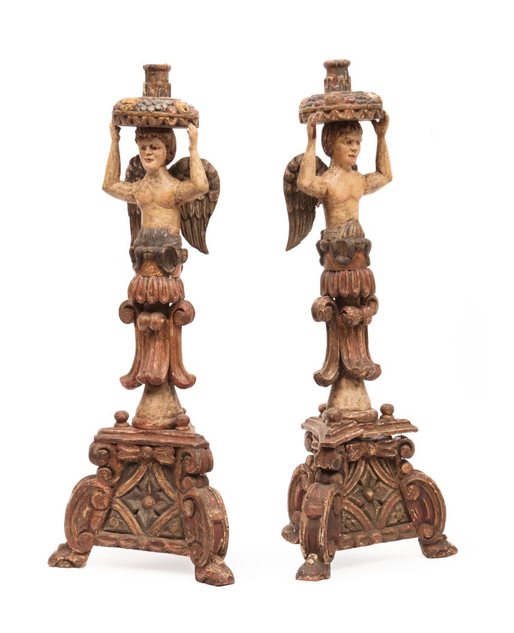 Appraisal: Pair of Large Antique Continental Carved and Polychromed Figural Candlesticks