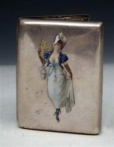 Appraisal: A CONTINENTAL SILVER AND ENAMELLED CIGARETTE CASE depicting a lady