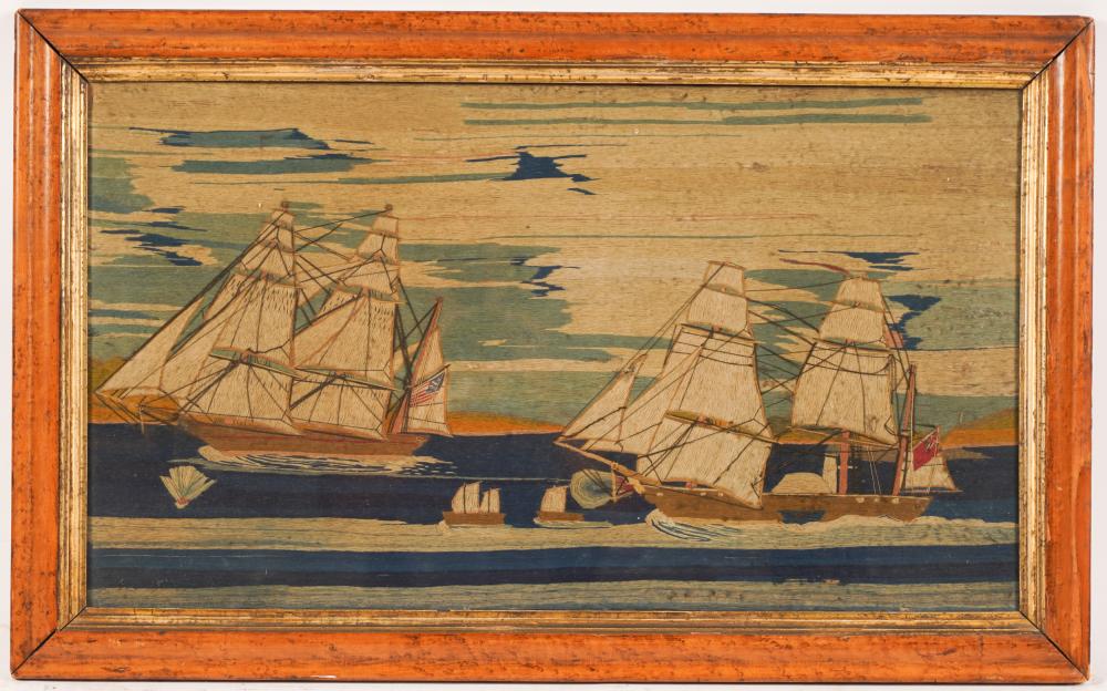 Appraisal: ENGLISH WOOLWORK PICTURE OR WOOLIE th century depicting sailing ships