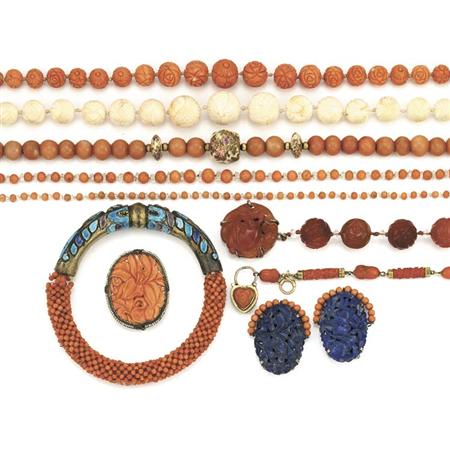 Appraisal: Group of Coral Rock Crystal Carnelian and Lapis Jewelry Estimate