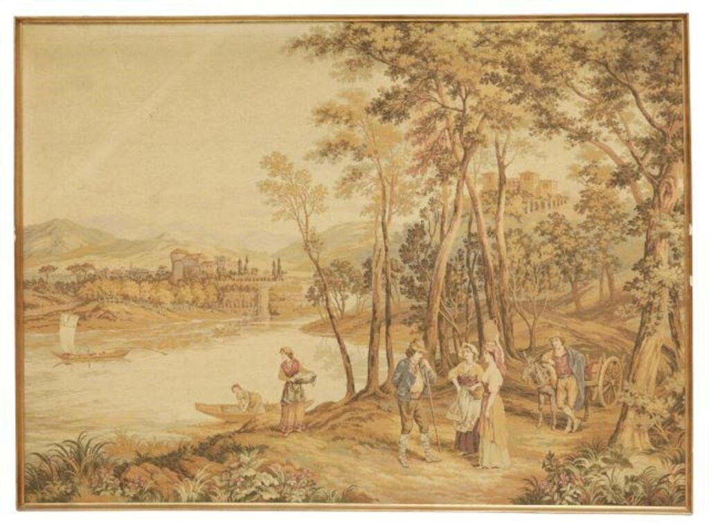 Appraisal: Framed Rococo style machine-woven tapestry th c pastoral lake scene