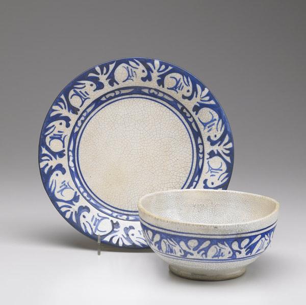 Appraisal: DEDHAM Crackleware plate and bowl decorated with clockwise rabbit pattern